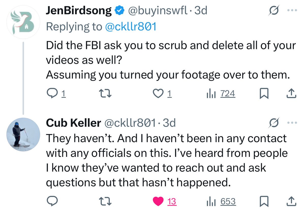 So supposedly FBI kept leveling up the chain to tell @rynestime—who wasn’t even at UVU and didn’t film the video—to delete “evidence” that wasn’t his? Rigghhttt. Meanwhile actual witnesses and people with footage haven’t gotten phone calls?

Proof or retraction is necessary.
