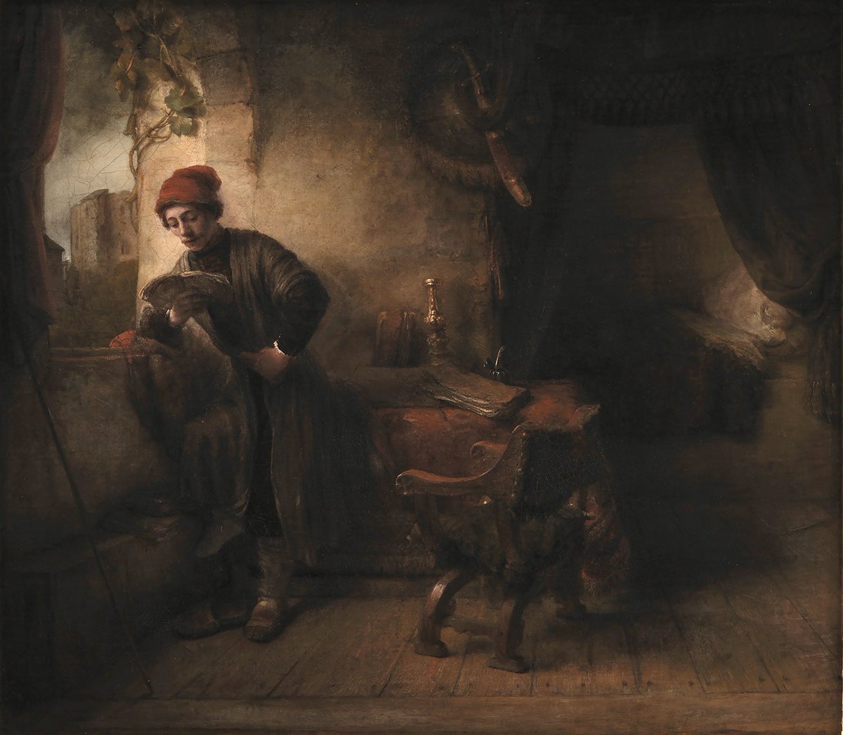 Standing Young Man At The Window In His Study Reading by Willem Drost, oil on canvas 1647.