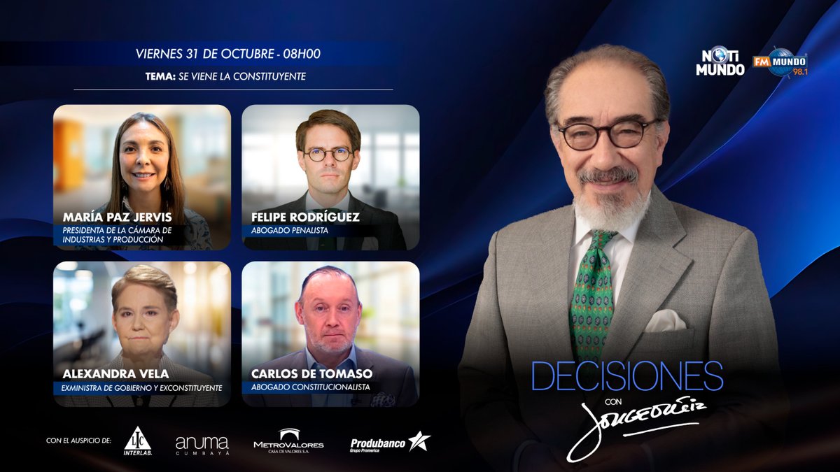 ✍️#DecisionesConJorgeOrtiz | Se viene la Constituyente

🎙️<a href="/PazJervis/">Maria-Paz Jervis</a> 
🎙️<a href="/FRM87/">Felipe Rodríguez Moreno</a> 
🎙️<a href="/AlexandraVelaP/">Alexandra Vela Puga</a> 
🎙️<a href="/CarlosdeTomaso/">DE TOMASO</a>

📻 #FmMundo 98.1 en #Quito
🌐 fmmundo.com
📲 #FmMundoLive en #youtube