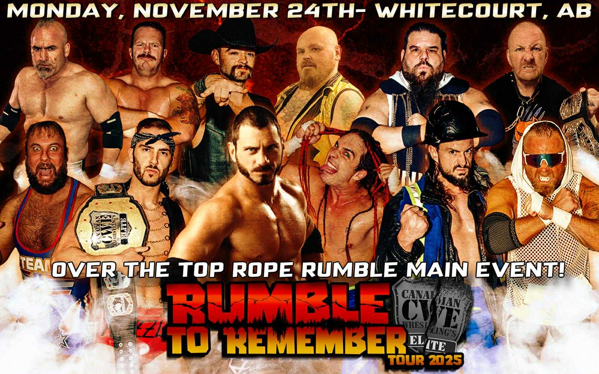 CWECanada's tweet photo. Nov 24 @CWECanada Whitecourt, Alberta: 

An Over The Top Rope Rumble Main Event!

Ft @AustinAries @HotshotDannyD @shaunmartens @stevestylesrcw @CrusherAj @CrudeOilCodyMac @ronnieattitude &amp; much more! https://t.co/26hoIR8k3S