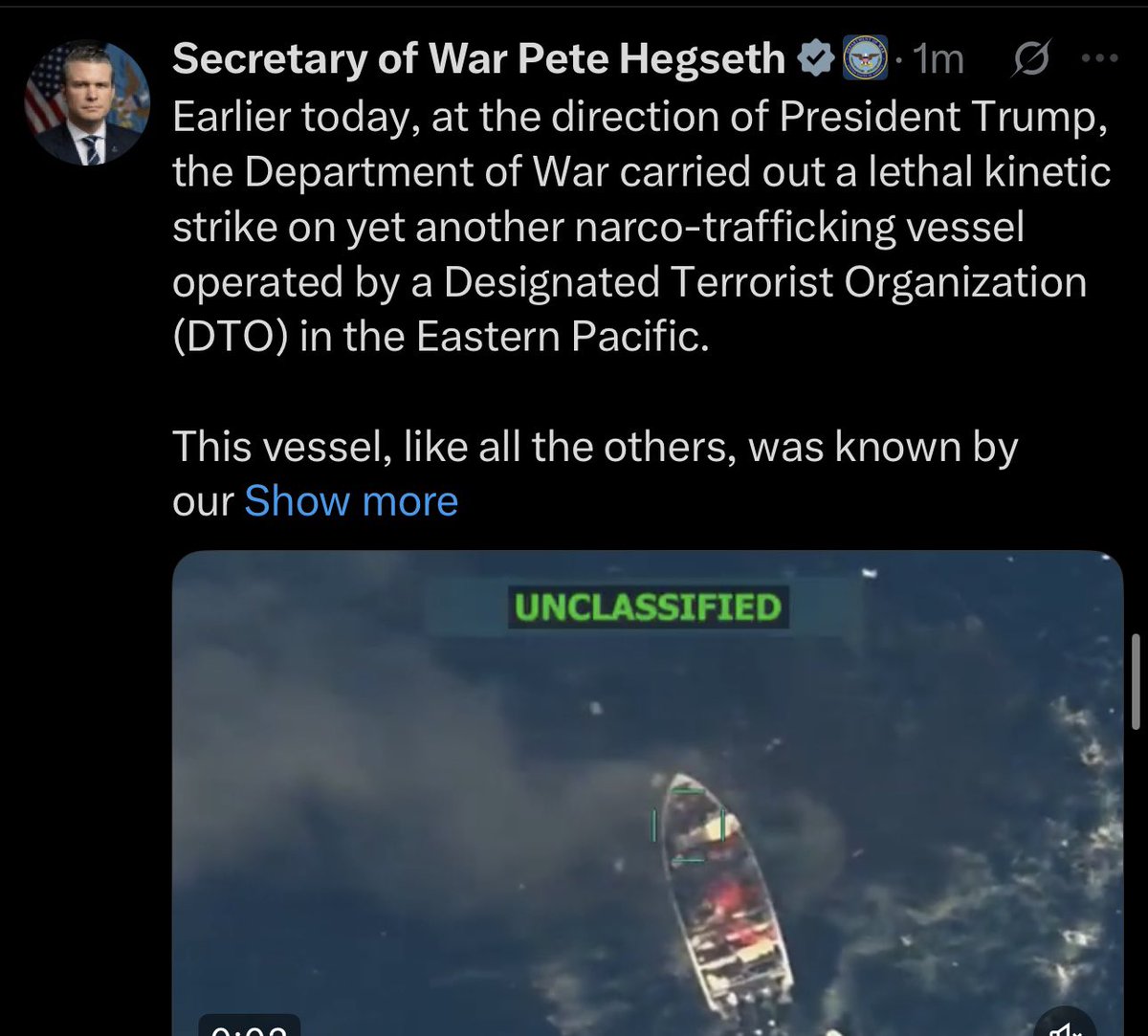 Pete Hegseth just murdered more people and we have to take his word for it that they deserved it.