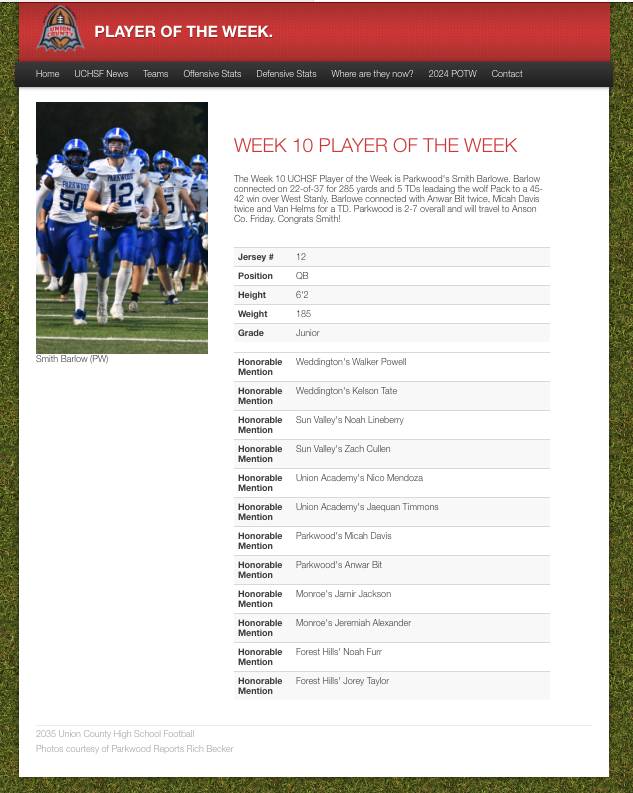 garrett_grham's tweet photo. The UCHSF Player of the Week for Week 10 is Parkwood's Smith Barlowe!
 @ParkwoodFB @PWHSSports @ParkwoodHSNC @Samxmobley 
https://t.co/Q3neIKjnVx https://t.co/cGW7zVUhPq