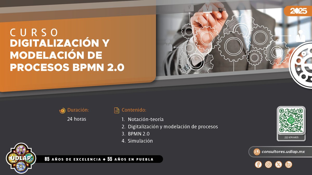 💻 Curso – Digitalización y Modelación de Procesos BPMN 2.0
📅 Inicio: 8 nov 2025 | 🌐 En línea | ⏰ 24 h
Aprende a modelar, simular y optimizar procesos con BPMN 2.0. 
🎓 <a href="/udlap/">UDLAP</a> 
👉 Inscríbete o pide informes en WhatsApp: wa.me/522223554664
