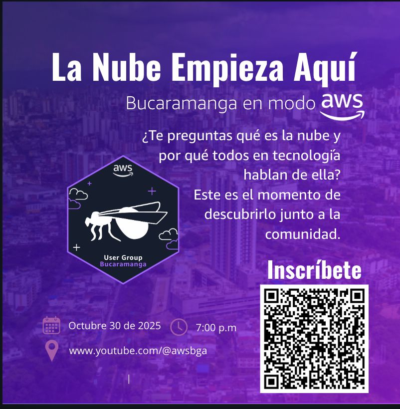 El 30 de Octubre estaremos lanzando el. AWS User Group Bucaramanga con un evento donde podrán aprender, se pueden registrar en este link:

meetup.com/aws-user-group…

Este evento será virtual, 7 pm en el canal de YouTube @awsbga
