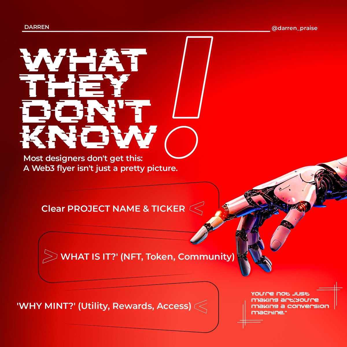 darren_praise's tweet image. FOMO &amp;amp; Utility&quot; Balance

The Unknown Truth: A Web3 flyer isn&apos;t just an ad; it&apos;s a piece of the project&apos;s culture. It needs to generate FOMO and communicate real utility, all while looking like an exclusive club.

#GraphicDesigner #Web3 #learndesign