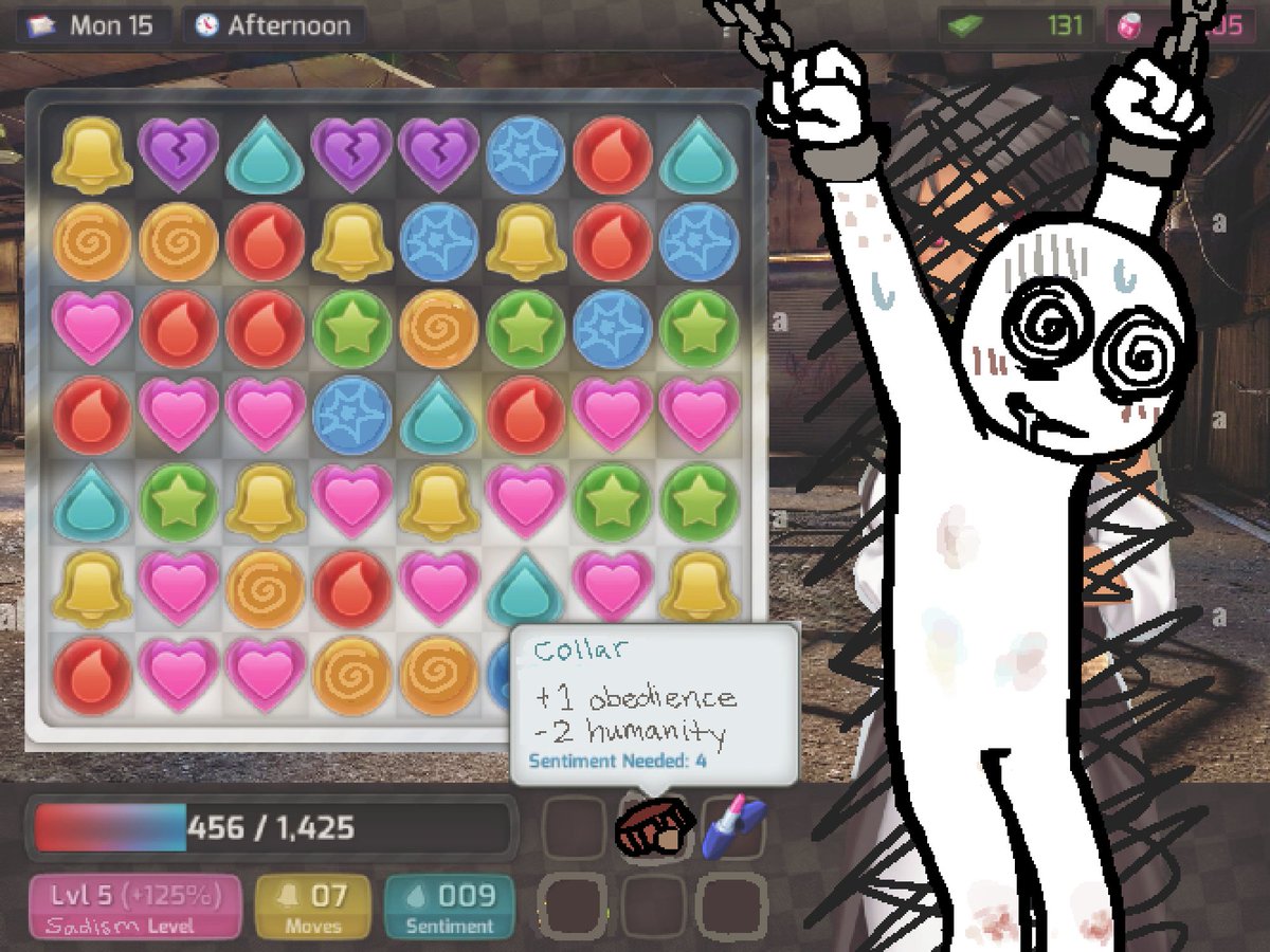 homuncuIus101's tweet photo. huniepop but instead of puzzle gaming to undress girls at a resort you do it to torture guys at the torture factory. see illustration for concept https://t.co/hrrx1B4hQ1