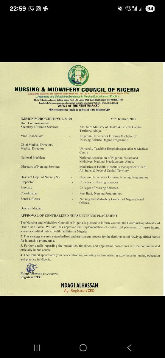 NMCN Circular on Approval of Centralised Nurse Intern Placements