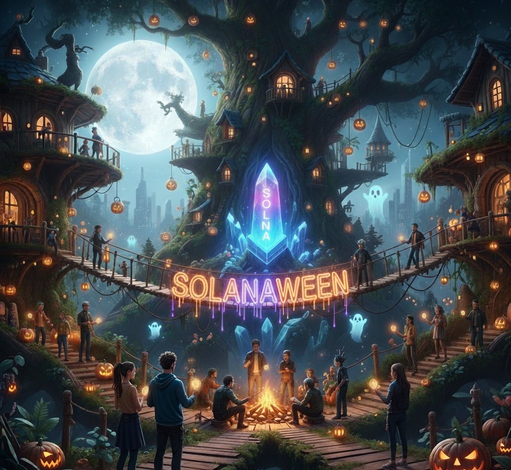 mstbss's tweet image. Under the watchful gaze of a full moon, a magical Solanaween village thrives around a glowing &quot;SOLANA&quot; crystal, where friends gather by a campfire amidst pumpkin-adorned treehouses and spectral guides.
#solanaween
$solanaween