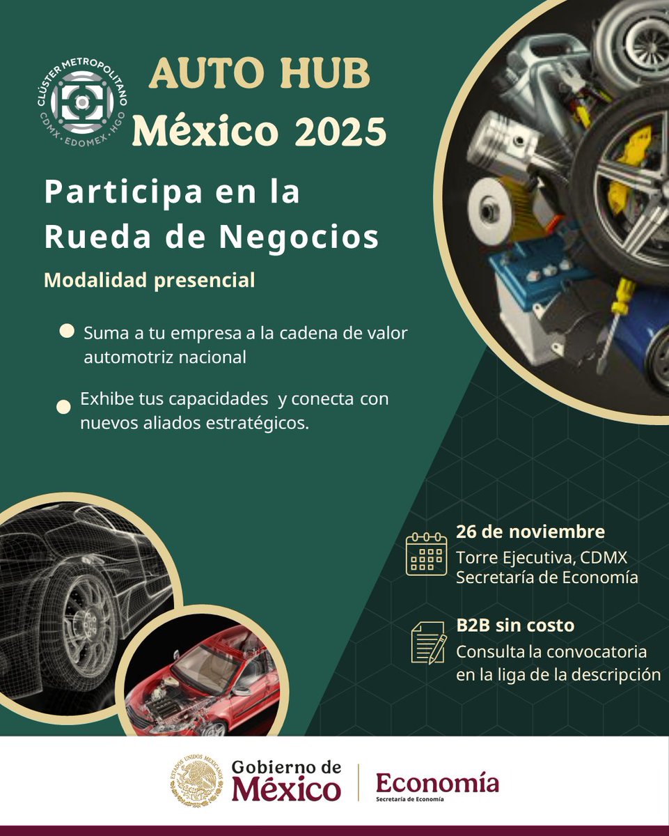 Súmate a Auto Hub México 2025 y haz que tu empresa forme parte de la cadena de valor que impulsa nuestra economía.

🚀 ¡Cierra 2025 con más alianzas, más clientes y más resultados!

🔗 Regístrate en: forms.gle/V5pFm53jgKNehe…

📩 Informes: atencion@clautedomex.mx