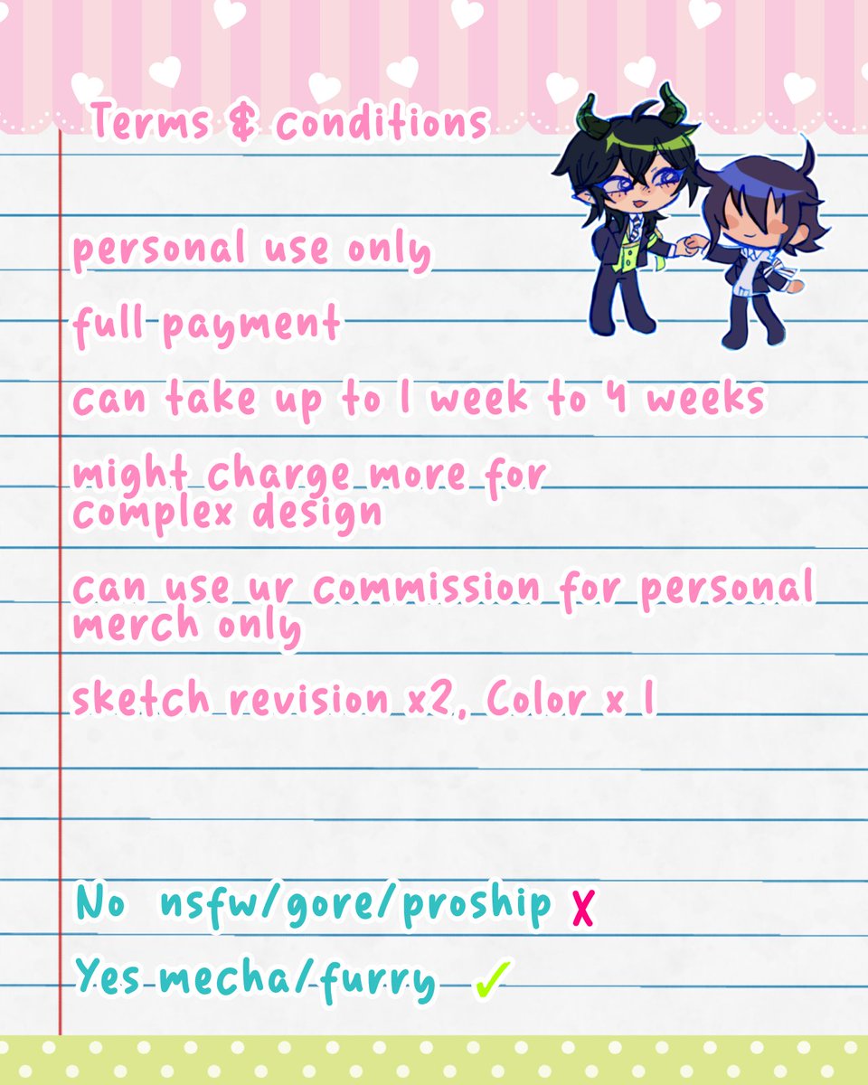 due unexpected incident im opening c0mmissi0ns commissions are open!  Yay(⁠｡⁠･⁠ω⁠･⁠｡⁠)⁠ﾉ🩷
-Papypal &amp; kofi ✅
-
💌 Dm if interested or request through my kofi  
 ☘️🩷
I specially enjoy drawing couples so hehe come at me with ur yumes ships ocxcanon etc

🔗 On replies