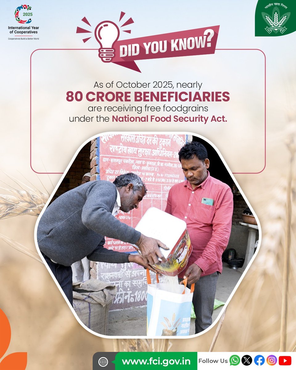 The collective efforts of the DFPD and FCI are bearing fruit, ensuring food security for the nation and supporting nearly 80 crore beneficiaries across India.

#DidYouKnow
