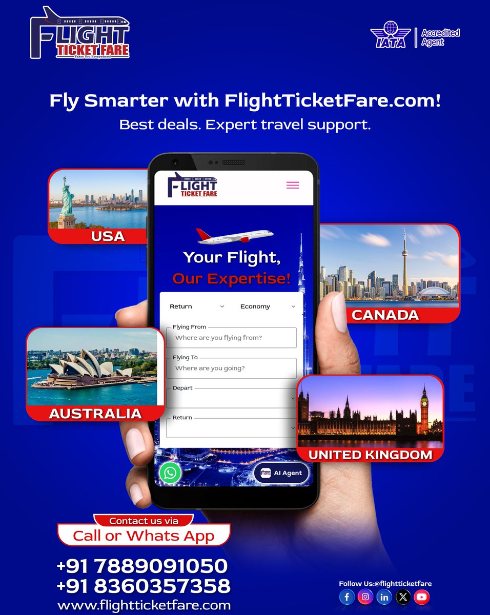 flightticketfar's tweet photo. ✈️ Fly smarter, not harder!
Get the best flight deals, expert travel support, and hassle-free bookings to USA, Canada, Australia &amp; UK.
📞 +91 7889091050
🌐 https://t.co/dfeO4gV4uk
#flightticketfare #flights #airtickets #travelvids #Airfare #International #fly #tickets #WhatsApp https://t.co/uX33ylEZDH