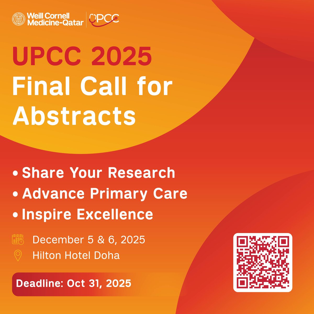 This is the final call to submit your abstract for UPCC 2025.
Abstract submissions close on October 31, 2025 (23:59 Qatar time).

Submit your abstract in outpatient or primary care medicine and share your innovative research, case reports, or educational insights that reflect