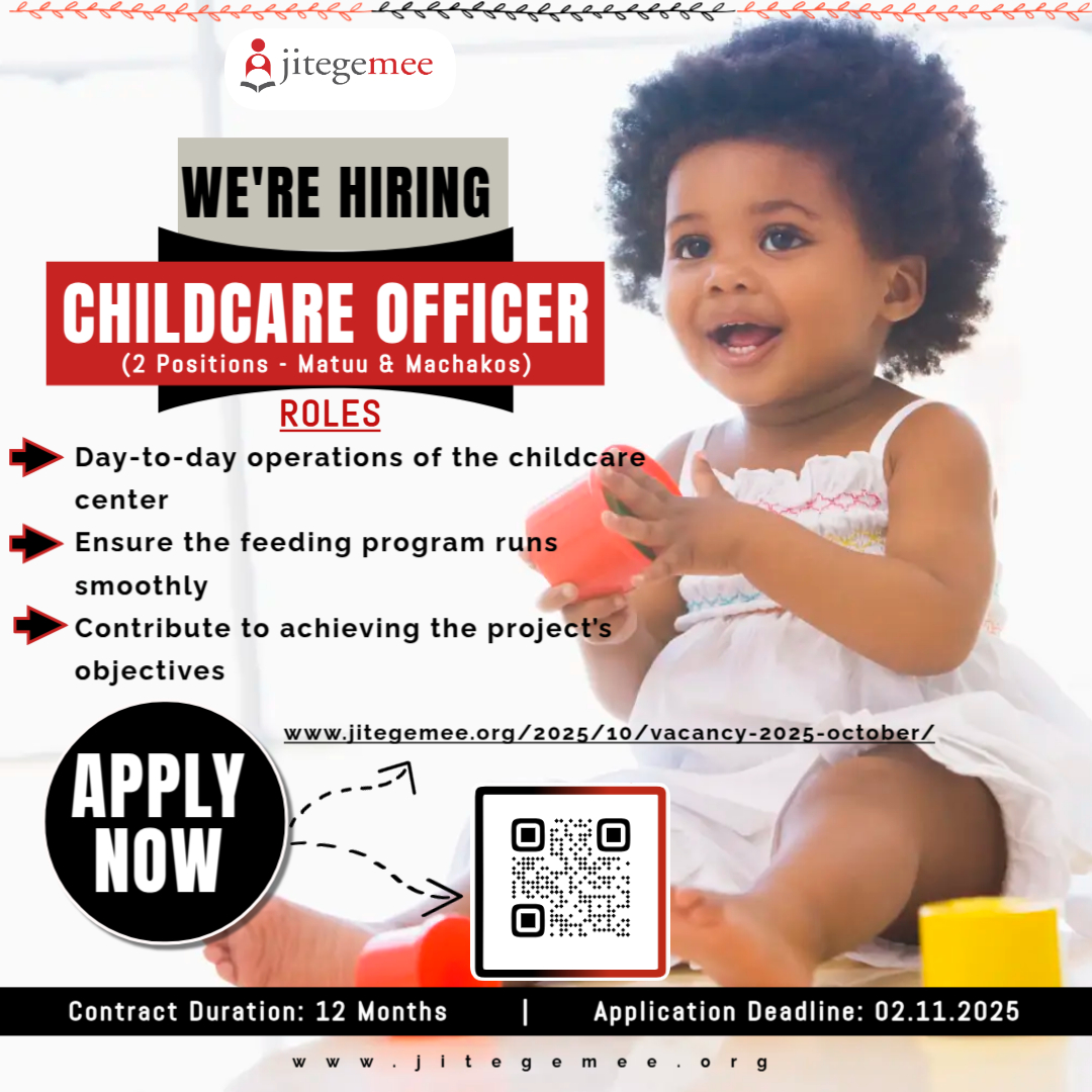 JitegemeeOrg's tweet photo. 📣 Job Alert! Join Our Team! 🌟
We're looking for passionate individuals to join us as CHILDCARE OFFICERS!
(2 Positions - Matuu &amp; Machakos)
Apply now!

https://t.co/zzFqkJZJX4

#Hiring #JobOpportunity #Childcare #Matuu #Machakos #NairobiJobs #Jitegemee #ProgramOfficer #Vacancy https://t.co/iVPafMGLp6