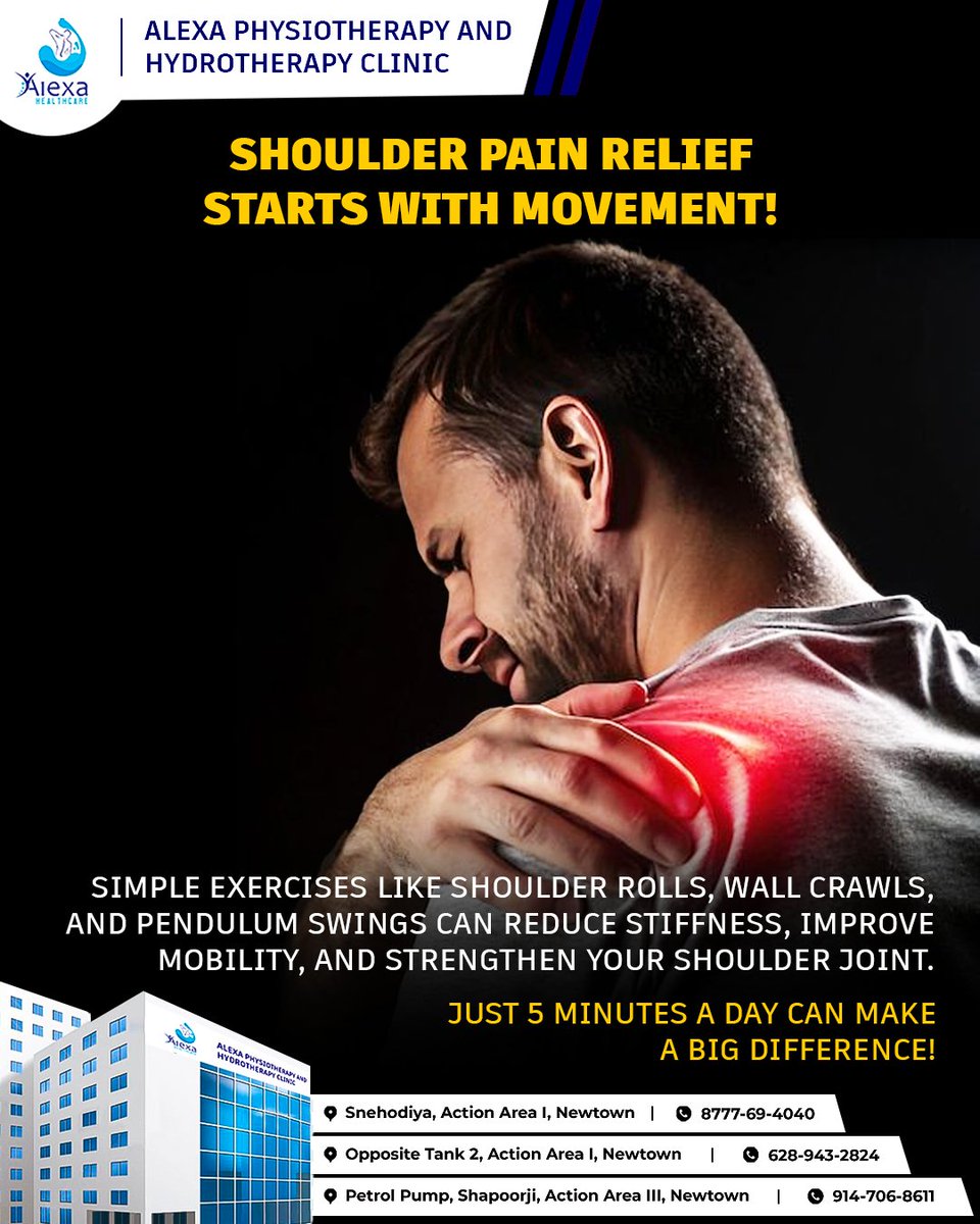💪 Shoulder pain slowing you down?
Start with simple exercises to ease stiffness, improve movement, and build strength.

📍 Locations:
* Snehodiya, Action Area I, Newtown
* Opposite Tank 2, Action Area I, Newtown
* Petrol Pump, Shapoorji, Action Area III, Newtown