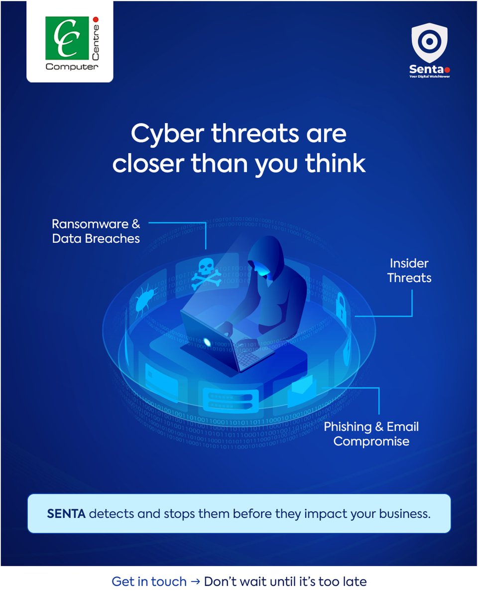 CompCenterTz's tweet photo. ⚠️ Cyber threats are closer than you think - ransomware, phishing, insider threats. SENTA detects and stops them before they disrupt your business. Don’t wait until it’s too late.

#ComputerCentre #SENTA #CyberThreats https://t.co/w1ybhAuA2J