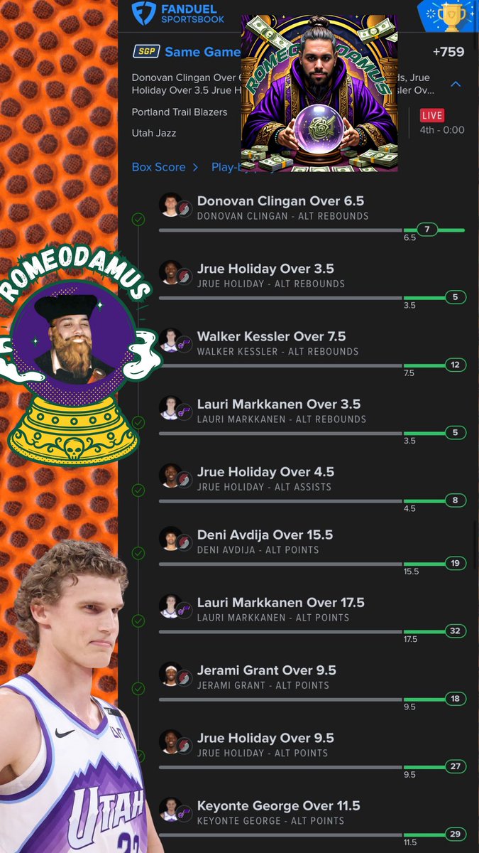 Romeodamus's tweet photo. Portland and Utah deliver twice. +759, +933 on the pregame and halftime slips!
TMThread Discord
$3 for your first month, link in replies
#GamblingTwitter #GamblingX #TheMoneyThread #TMThread #DubClub #Romeodamus #TMT https://t.co/qhXJxiursu