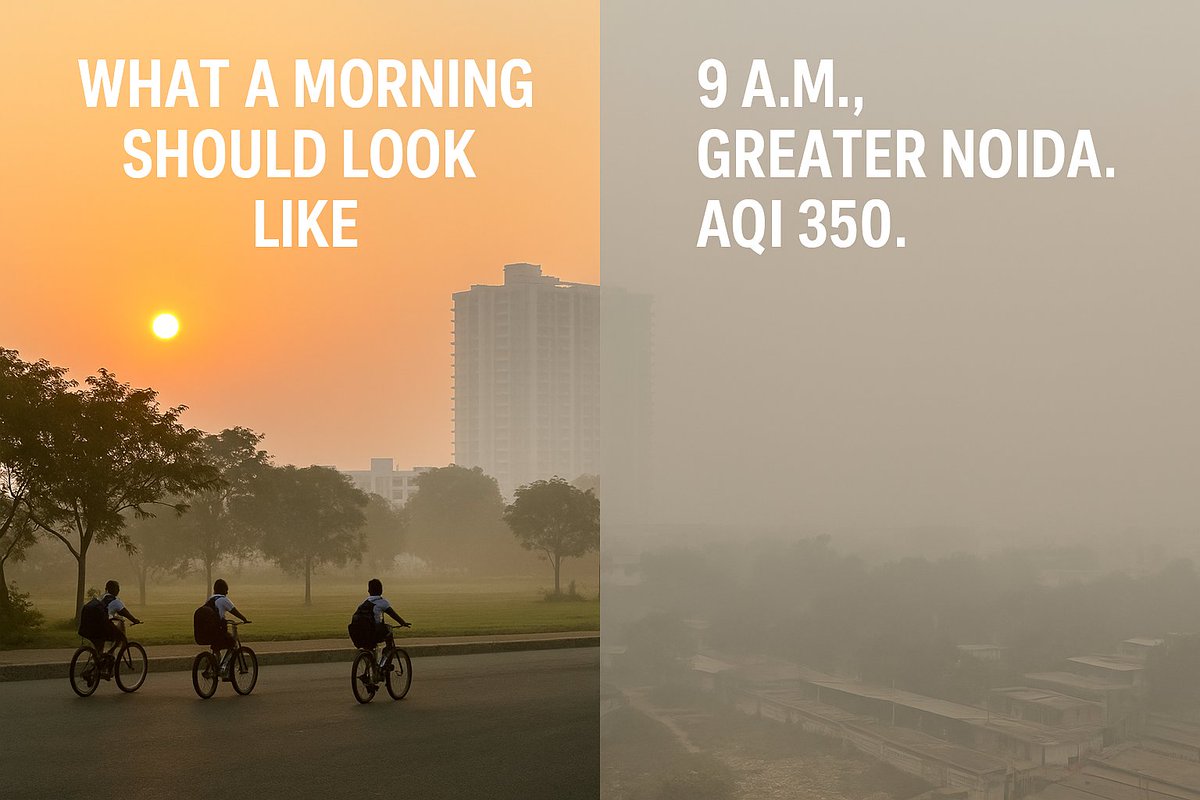Mitrashankarb's tweet photo. 9 a.m. today, Greater Noida.
AQI: 350+.
Kids heading to school breathing what’s equal to 20 cigarettes.

India is now among the most polluted countries in the world.
A trillion-dollar economy doesn’t matter if we can’t breathe.
#RightToBreathe #CleanAirIndia #Smog #AQI https://t.co/DKrvaDguUY