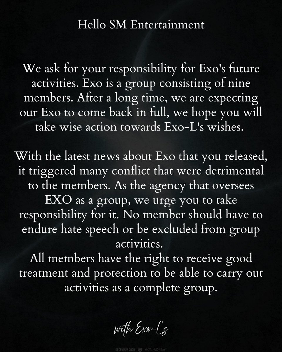 withexo_4885's tweet image. Hello, @SMTOWNGLOBAL 
모든 EXO 멤버들은 하나의 그룹으로 함께하고 싶어합니다. 모두의 바람을 들어주세요 @SMTOWNGLOBAL 
EXO는 정당한 대우를 받을 자격이 있습니다‼️
EXO-L은 EXO 멤버를 배제하는 대우를 용납하지 않습니다.

EXO IS NINE
#AlwaysWithOT9
#첸백시는_엑소의_일부입니다
#EXO #엑소