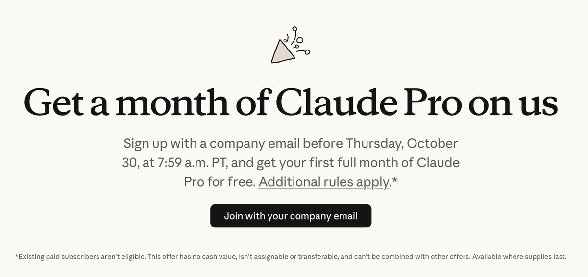 nipao's tweet image. 用自定义邮箱新注册Claude可免费获取一个月pro claude.com/offers/oct-202…
