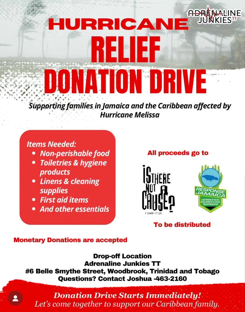 chefbrigetterj's tweet photo. Trinidad 🇹🇹 relief efforts for our sibling Jamaica 🇯🇲 

Drop off and also $$ being collected by ITNAC. https://t.co/P3BOvqrbeF