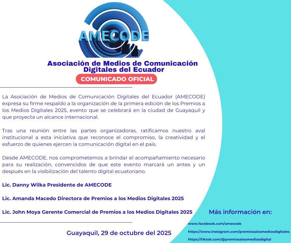 La Asociación de Medios de Comunicación Digitales del Ecuador (AMECODE) respalda la iniciativa de la organización de la Primera Edición de los Premios a los Medios Digitales 2025