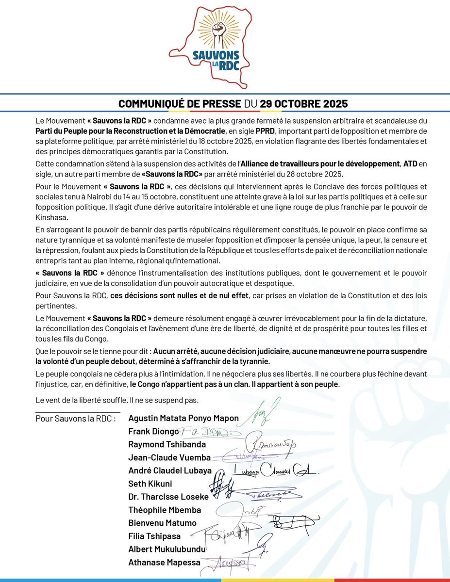 franckdiongooff's tweet photo. NON À LA DICTATURE ! SAUVONS LA RDC FACE À LA TYRANNIE DU RÉGIME EN PLACE

Le peuple congolais ne se taira plus.
La suspension du PPRD et de l’ATD est une véritable déclaration de guerre contre la liberté, la justice et la démocratie.

Cette répression ne s’arrêtera pas là : tous les autres membres de Sauvons la RDC sont désormais menacés par le même arbitraire.
Mais chaque coup porté renforce notre détermination et notre unité.

Ils peuvent suspendre des partis, intimider des leaders, mais jamais réduire au silence un peuple debout.

Le Congo n’appartient pas à ce régime illégitime : il appartient à son peuple libre et souverain.

#SauvonsLaRDC #RDC #Résistance #Liberté #PeupleDebout