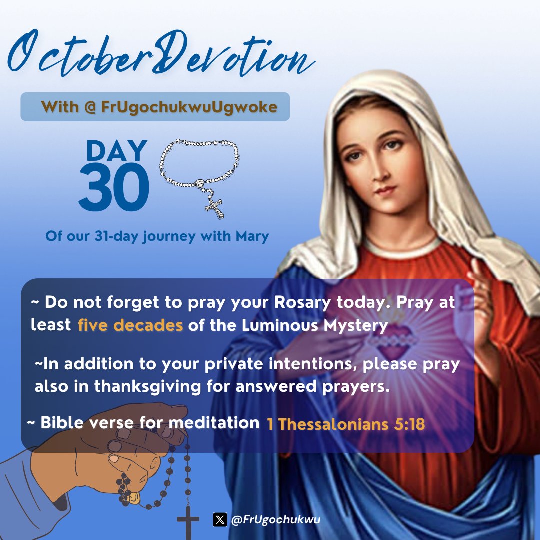 FrUgochukwu's tweet photo. OCTOBER DEVOTION:

Day 30 of our 31-Day Journey with Mary https://t.co/qMfRDf4Ylr
