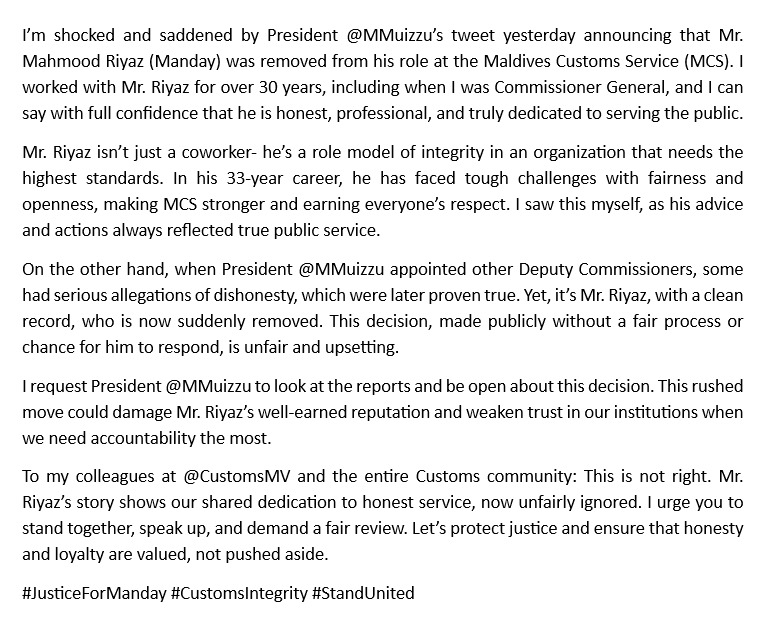 AbdullaSh4reef's tweet photo. Shocked by Pres @MMuizzu's tweet removing Mr. Mahmoodh Riyaz from MCS. 33 yrs of integrity &amp; dedication discarded without due process. I urge a fair review. #JusticeForManday #CustomsIntegrity @CustomsMv,@NIC_Maldives @min_mohst stand united for justice! https://t.co/QVBBVwha6f