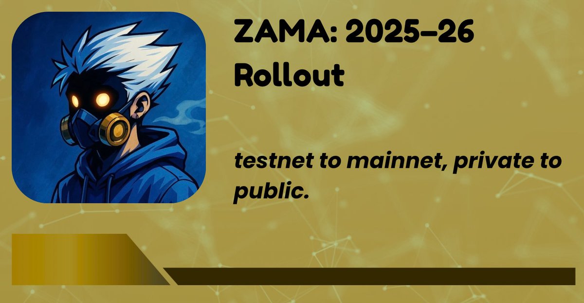 OsazeDev's tweet image. gm CT,

𝙕𝙖𝙢𝙖’𝙨 2025–26 𝙩𝙞𝙢𝙚𝙡𝙞𝙣𝙚.

you can feel it, @zama_fhe been building the base layer for years. now the rollout window’s finally in sight.

the public testnet is already live. this is where the plumbing gets tested: confidential contracts, fhe compute, zk…
