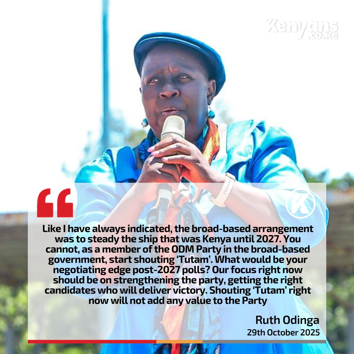 Kenyans's tweet image. Shouting ‘Tutam’ right now will not add any value to the ODM Party - Ruth Odinga
