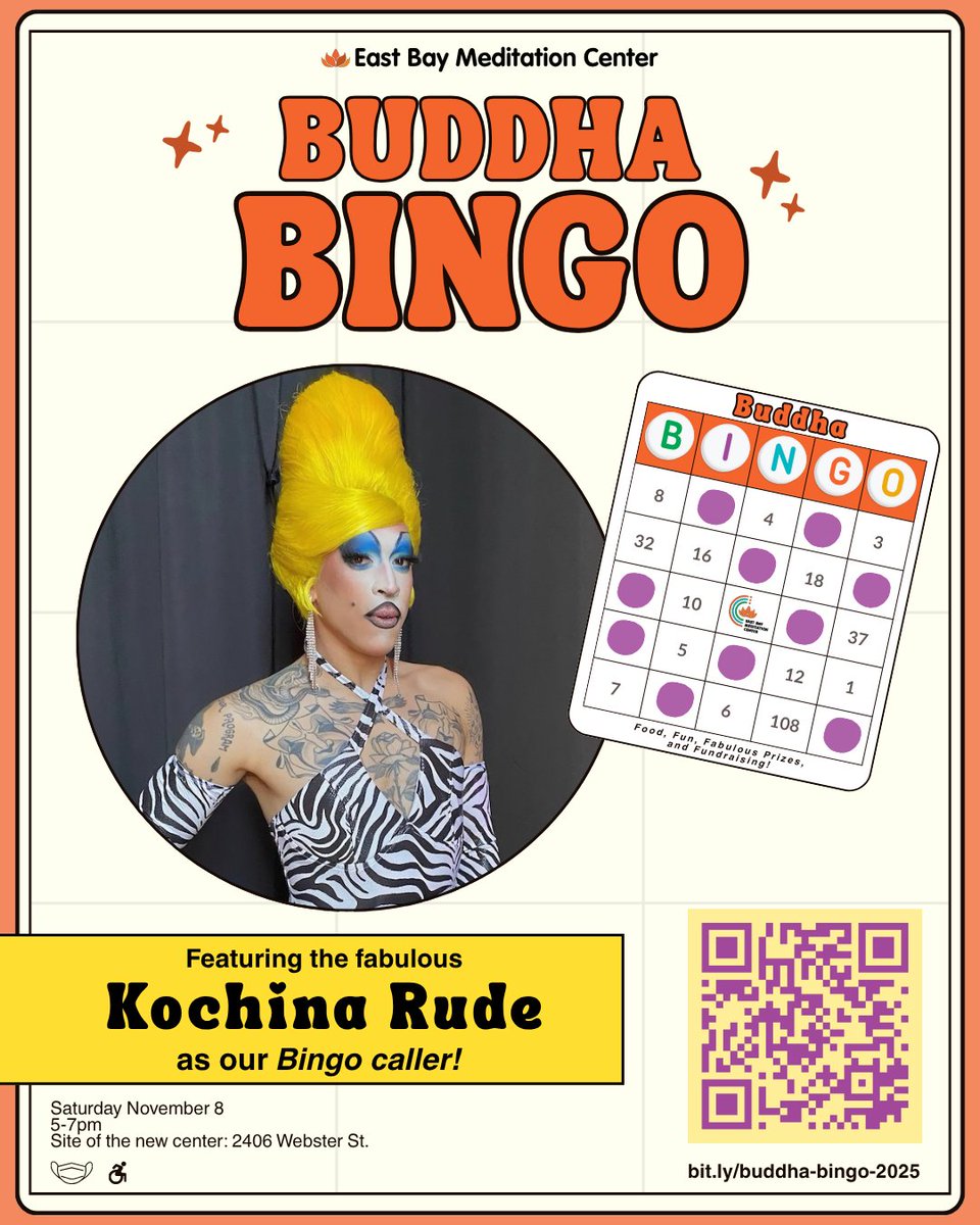 If you're in the East Bay, don't miss an evening of... Buddha Bingo! Where EVERYONE wins! A fundraiser for <a href="/ebmc_oakland/">EBMC</a> . Kochina Rude is our not-to-be-missed bingo caller! 2406 Webster St in Oakland.