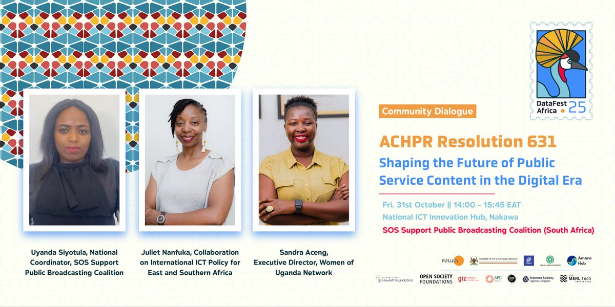 cipesaug's tweet photo. We shall be at #DataFestAfrica2025! 
Join the dialogue on ACHPR Resolution 631, a landmark step by the African Commission on Human &amp; Peoples’ Rights to protect and promote public-interest content in the digital era.
Let’s shape the future of media that serves everyone. https://t.co/dHyIXSzp5G