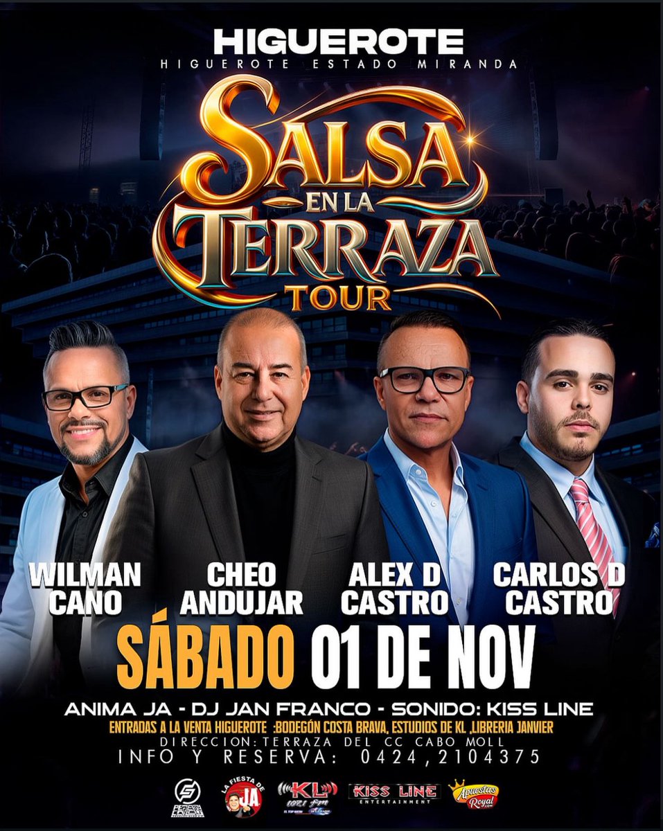 ¡La fiesta se enciende en la costa! 🔥 El "Salsa en la Terraza Tour" llega a Higuerote 🌴 este sábado #1Noviembre. Con un cartel de lujo: Wilman Cano, Cheo Andújar, Alex D Castro y Carlos D Castro. 📍 Terraza del CC Cabo Mall. Reservas: 0424 2104375