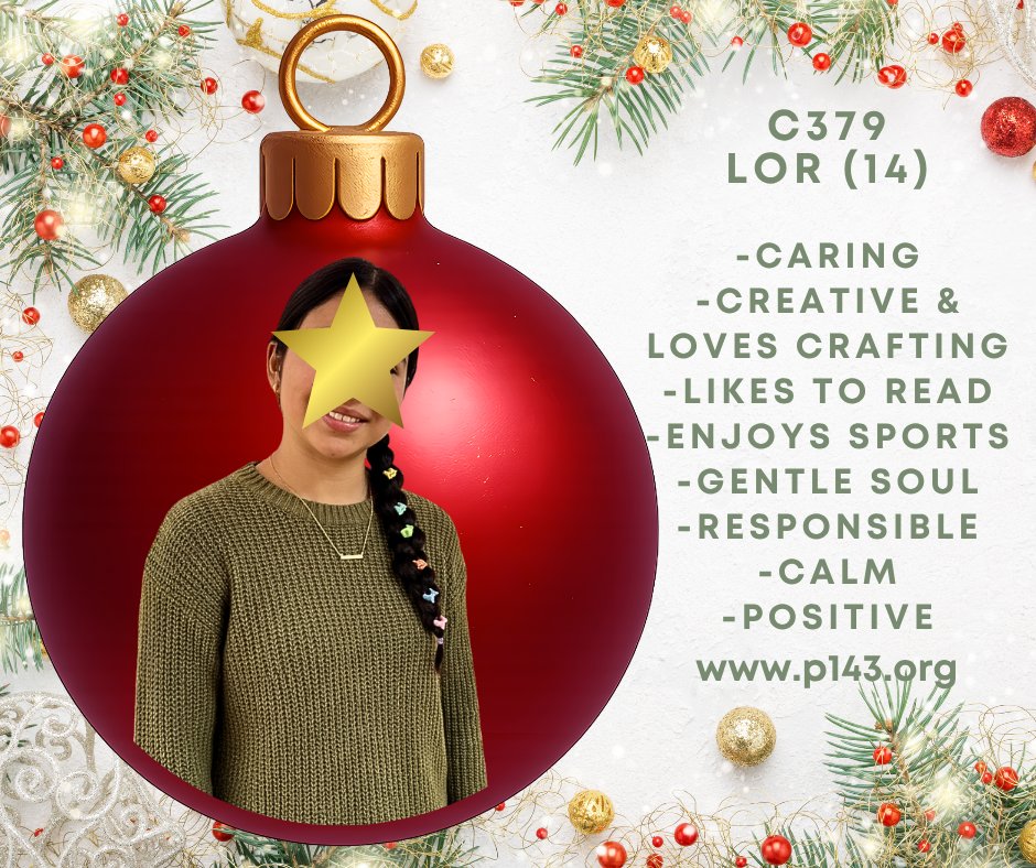 P143Org's tweet image. LOR is looking for her forever family—give the gift of family this Christmas! 

She is a sweet, responsible, and affectionate young girl who shows respect and kindness toward both people and animals.

To learn more about LOR, please register here: p143.org/pre-registrati…