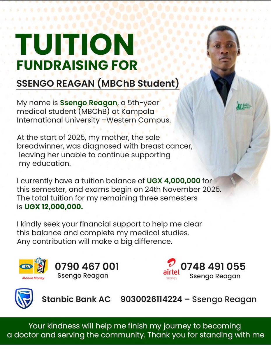 UPDATE: We’re halfway there! 🎉 1.1M UGX raised in 24 hours — massive progress for Ssengo Reagan’s tuition!
This semester’s tuition: 4,000,000 UGX
Paid so far: 1,100,000 UGX
Balance needed: 2,900,000 UGX
Deadline: Nov 20 ⏰ 21 days left