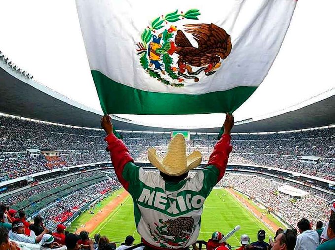 A person wearing a green Mexico soccer jersey with MEXICO on the back and a beige cowboy hat holds up a large Mexican flag featuring the eagle emblem in a crowded stadium filled with spectators during a soccer event on the green field below.