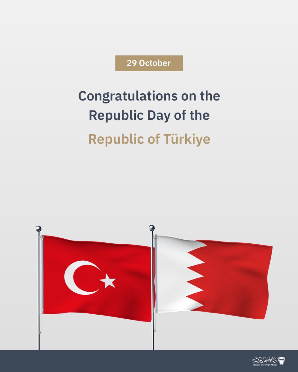 bahdiplomatic's tweet image. 🇹🇷🇧🇭
خالص التهاني والتبريكات بمناسبة ذكرى عيد الجمهورية للجمهورية التركية 

Congratulations on the Republic Day of the Republic of Türkiye