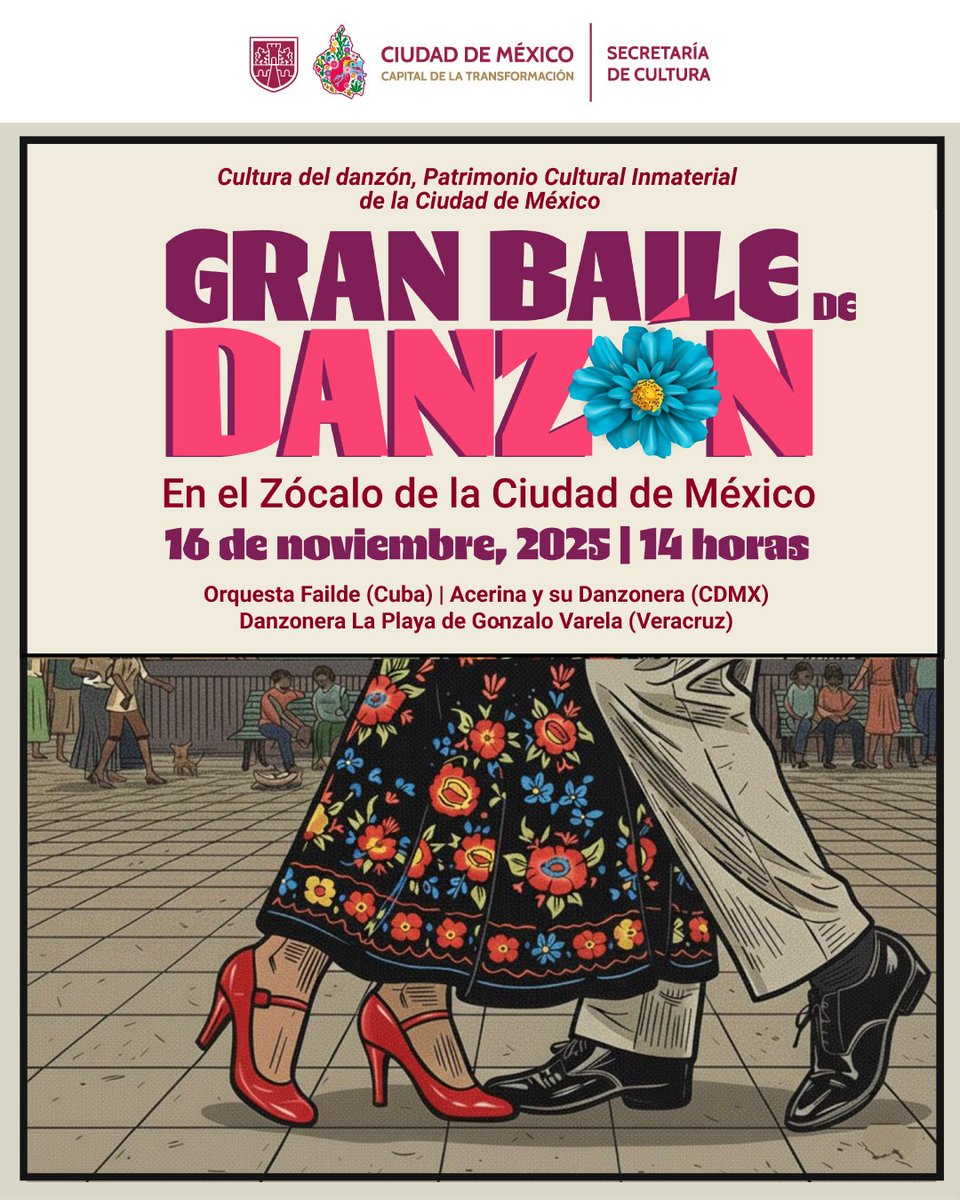 💃🎶 El danzón se vive con música, ritmo y alegría en la #CapitalDeLaTransformación. 

Para celebrar el reconocimiento a la #CulturaDelDanzón como Patrimonio Cultural Inmaterial de la Ciudad de México, el domingo 16 de noviembre a las 14 horas, el Zócalo será escenario del Gran