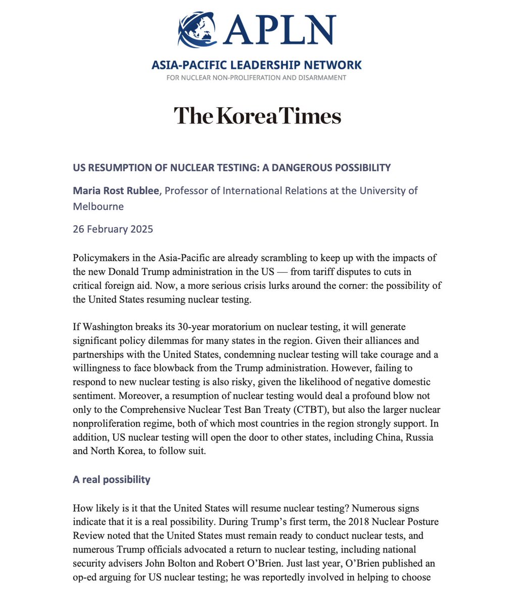 In February this year, <a href="/mariarostrublee/">Maria Rost Rublee</a> wrote a prescient oped for <a href="/APLNofficial/">Asia-Pacific Leadership Network</a>'s KT Column on the dangerous possibility of US resuming N-testing. Re-reading it today to make sense of President Trump's "decision" this morning.  apln.network/analysis/the-k…