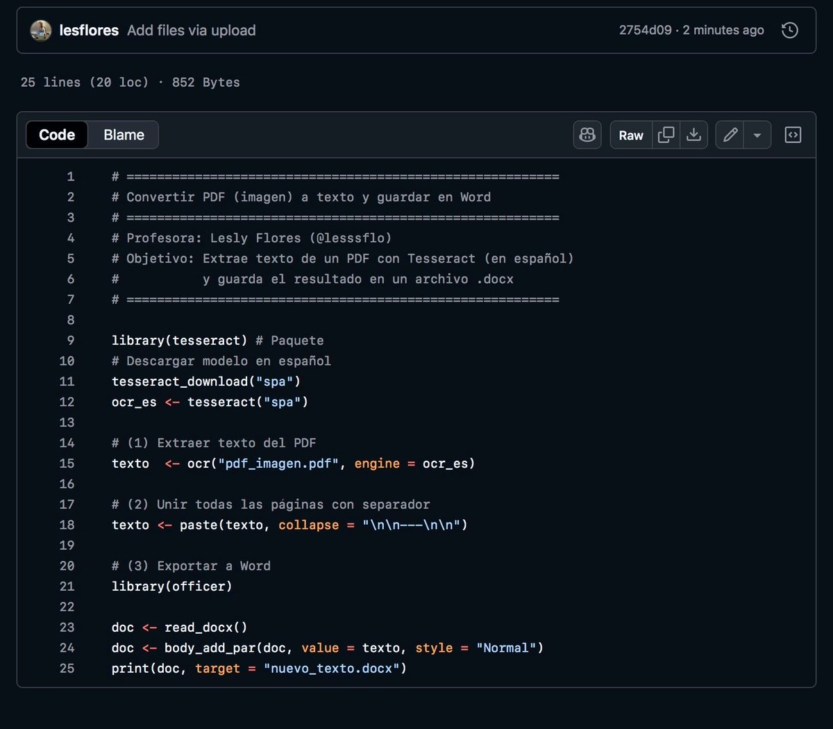 lesssflo's tweet photo. Hola 🤠 Tu #PDF está escaneado y no puedes copiar texto? 

Comparto un código minimalista de 3 pasos en #R con #tesseract para convertir imágenes en texto:

🏞️ ➡️ 📋

Y con #officer guardar los resultados en Word 💻

#CódigoDeTodxs https://t.co/cpKOOXRgTY