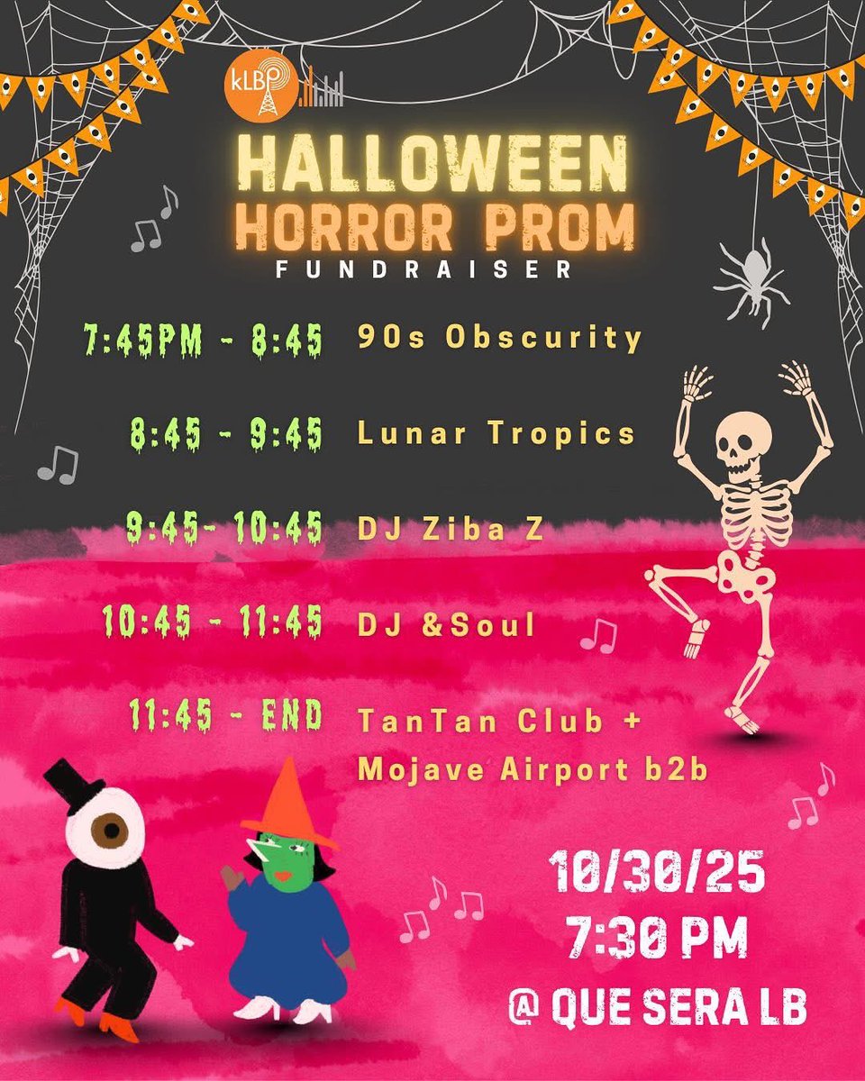 DJZibaZ's tweet photo. 🕷️ 💀 Let’s get festiv! Join me at @KLBPFM’S 2nd ever #HORRORPROM fundraiser! Thursday, October 30th at @QueSeraLB 1923 E. 7th St, Long Beach, CA 90813. I go on at 9:45pm. See you on the dance floor! #communityradio #publicradio #klbp #longbeach #LBC #queseraLB 👻 👿 https://t.co/NeVaaKqGEM