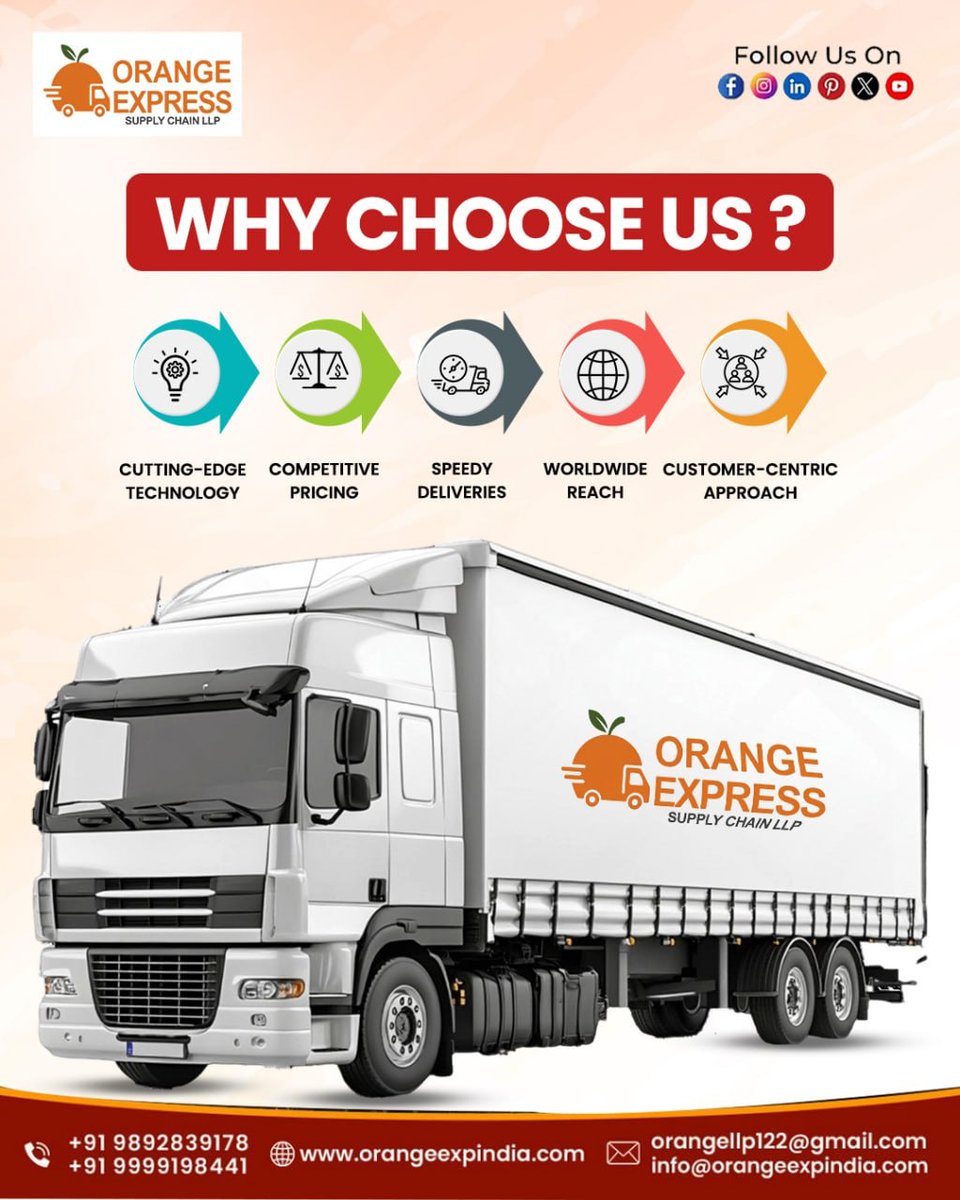 orangeexpress27's tweet photo. 🚛 Delivering Logistics You Can Rely On!
✨ At #OrangeExpress #SupplyChain LLP, we combine cutting-edge technology with strategic global networks to ensure seamless, timely, and cost-effective deliveries.
.
.
#LogisticsExperts #SmartShipping #ReliableDelivery #GlobalLogistics https://t.co/A7ZtWTW5T3