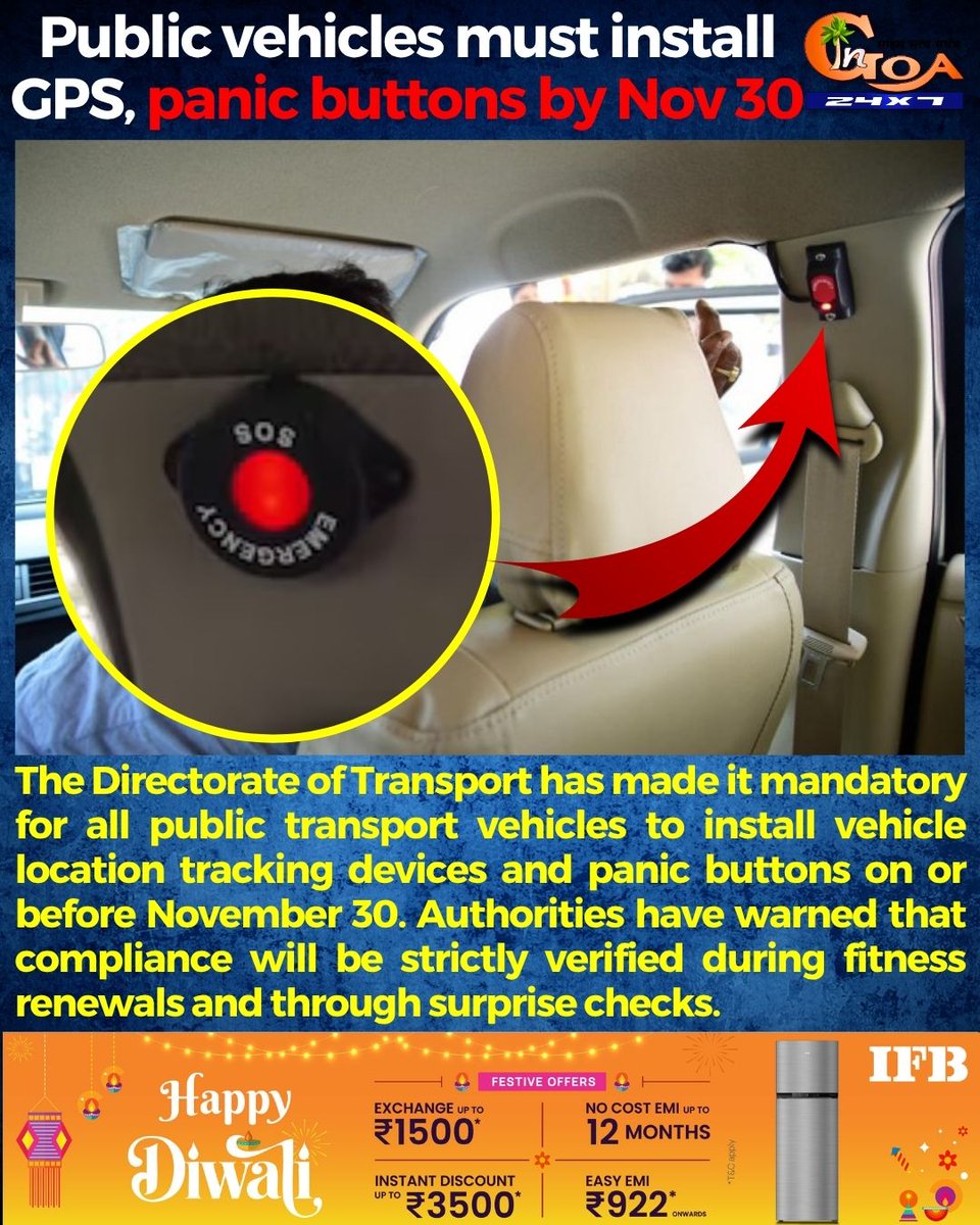 InGoa24x7's tweet photo. The Directorate of Transport has made it mandatory for all public transport vehicles to install vehicle location tracking devices and panic buttons on or before November 30. 

#Goa #GoaNews #Publicvehicles #GPS  #panicbuttons https://t.co/hkyL3oH9F5