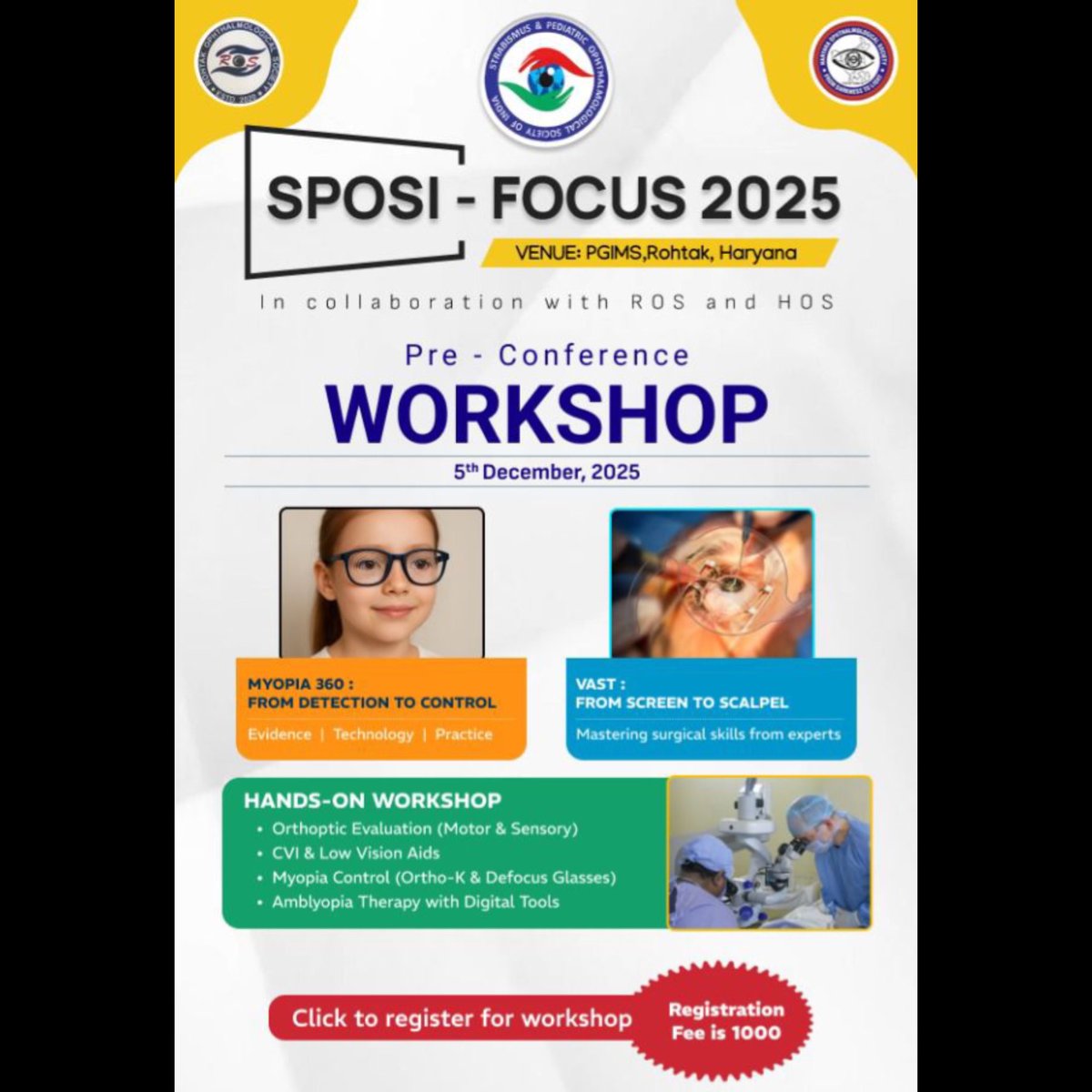 omtrust's tweet photo. Register Today!
SPOSI-FOCUS 2025! Join us at PGIMS, Rohtak on 5th December 2025 with Dr. Shreya Shah for an exciting Pre-Conference Workshop that blends knowledge, innovation, and hands-on experience! From Myopia 360: From Detection to Control to VAST: From Screen to Scalpel✨ https://t.co/rFjeKLzTOK