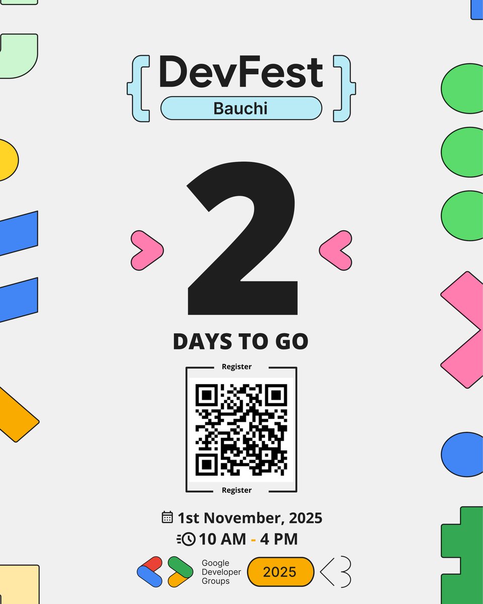 IT'S ALMOST TIME! 😱 Just 2 days left until #DevFestBauchi 2025!

The energy is high! We can't wait to host the entire Bauchi tech community this Saturday. Are you ready? 🔥

#DevFest #Bauchi #GDG #DevFest2025 #GoogleDevelopers