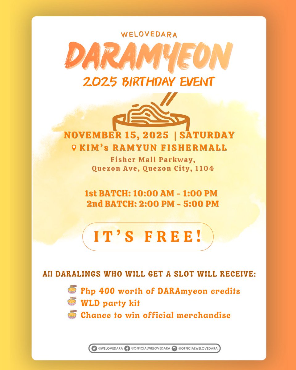 WeLoveDara's tweet photo. [ADMIN POST]

🧡 The qualifying exam will drop tomorrow, 10/31 after lunch.
🧡 Two links will be released PER BATCH so choose wisely.
🧡 The first 40 DARALINGS (per batch) who passes gets the slot!

SEE YOU TOMORROW! 🙂

#WLD_DARAmyeonParty
#SandaraPark #산다라박 #DARA #다라 https://t.co/L0wbyst9N1