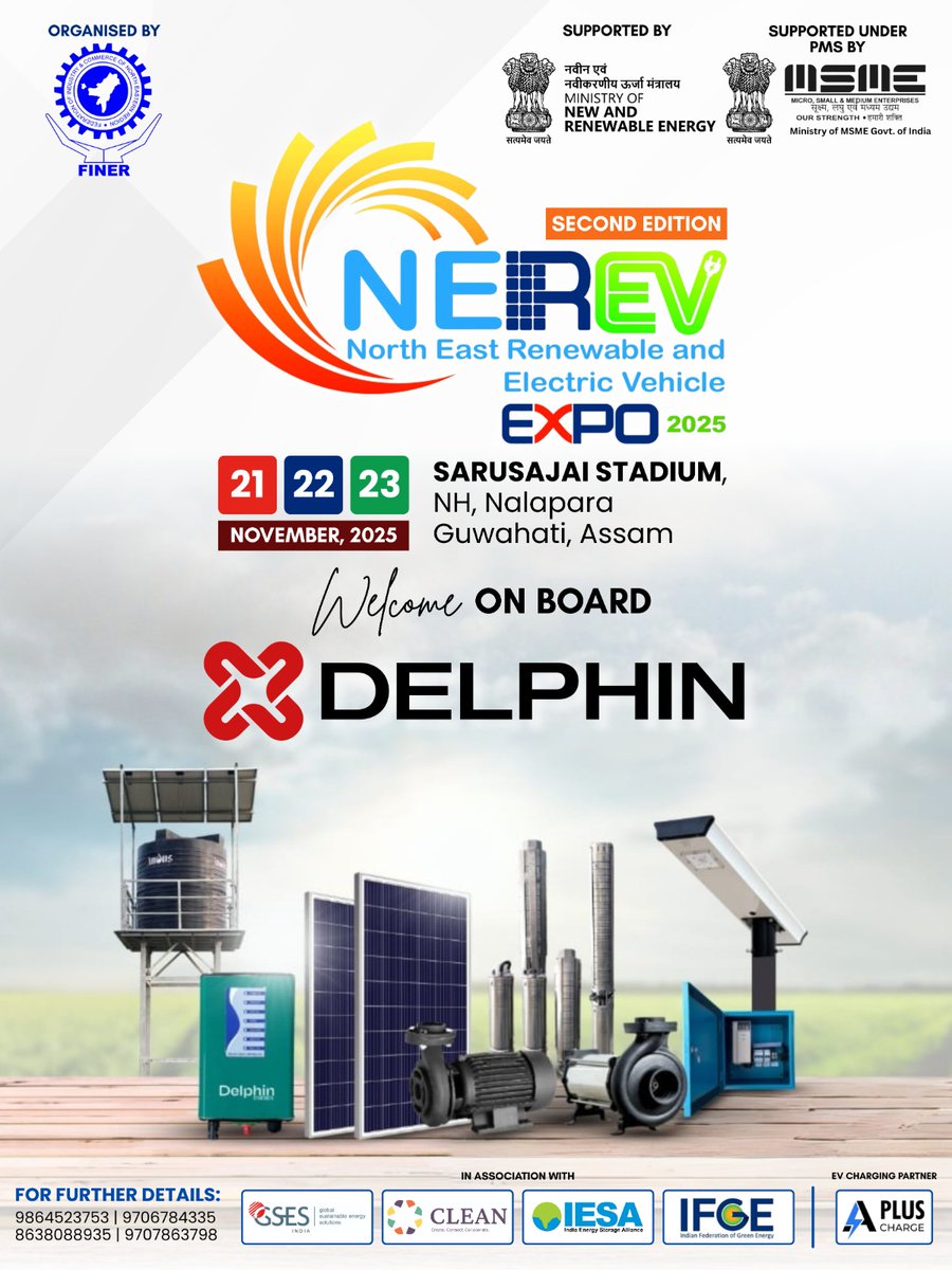 FINERIndia's tweet photo. Exciting News! 
Delphin is thrilled to be part of the North East Renewable and Electric Vehicle Expo 2025 powering the future with innovative solar water pumping and energy solutions for a cleaner, greener tomorrow!

📅21st–23rd November 2025
📍Sarusajai Stadium, Guwahati, Assam https://t.co/mIKMxJ4tpp