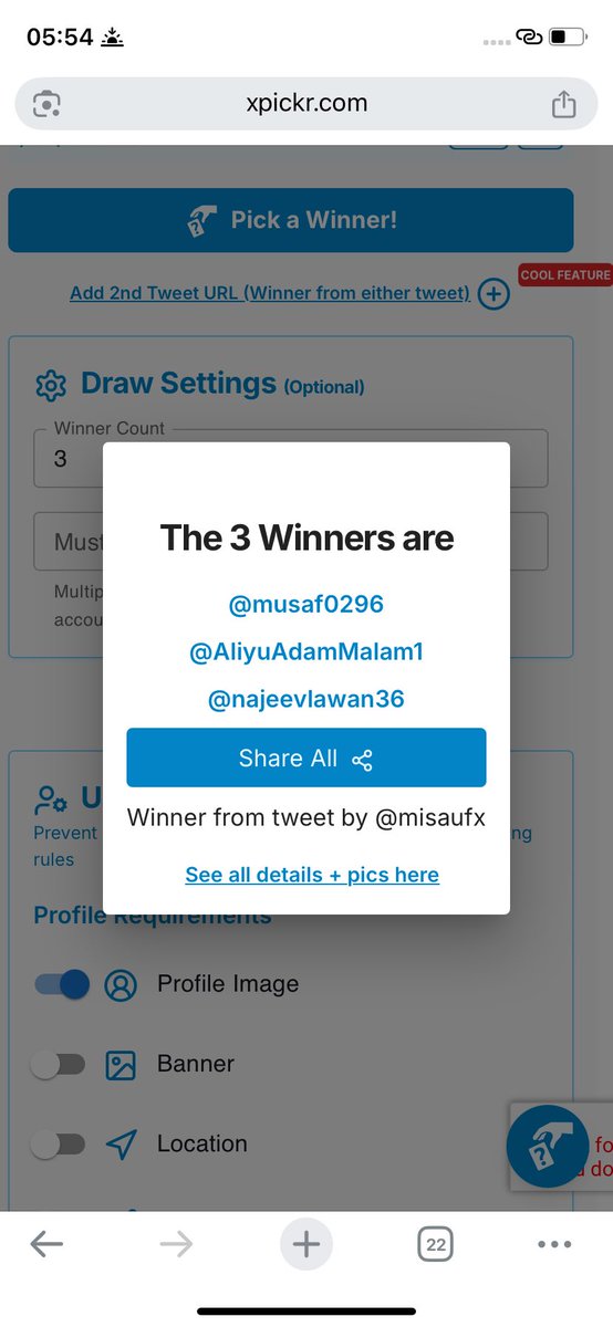 Congrats xpickr Winners - built by <a href="/xpickr/">Xpicker2</a> - <a href="/musaf0296/">Abubakar Ahmad</a> <a href="/najeevlawan36/">Najib Lawan</a> <a href="/AliyuAdamMalam1/">Aliyu Adam Malami</a> 

Congratulations kindly open ticket on discord to claim your prize 🏆 

draw/1761800042605/winners #xpickr