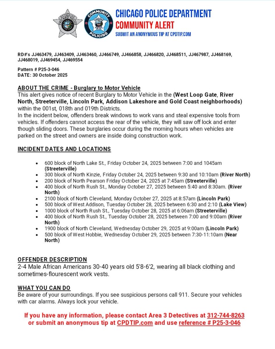 BURGLARIES to VEHICLES <a href="/ChicagoCAPS01/">1st District -  Central</a> (Central) <a href="/ChicagoCAPS18/">ChicagoCAPS18</a> (Near North) <a href="/ChicagoCAPS19/">Chicago Police 19th Dist - Town Hall</a> <a href="/Area3Detectives/">Chicago Police Area 3 Detective Division</a> CPDTIP.COM #ChicagoPolice